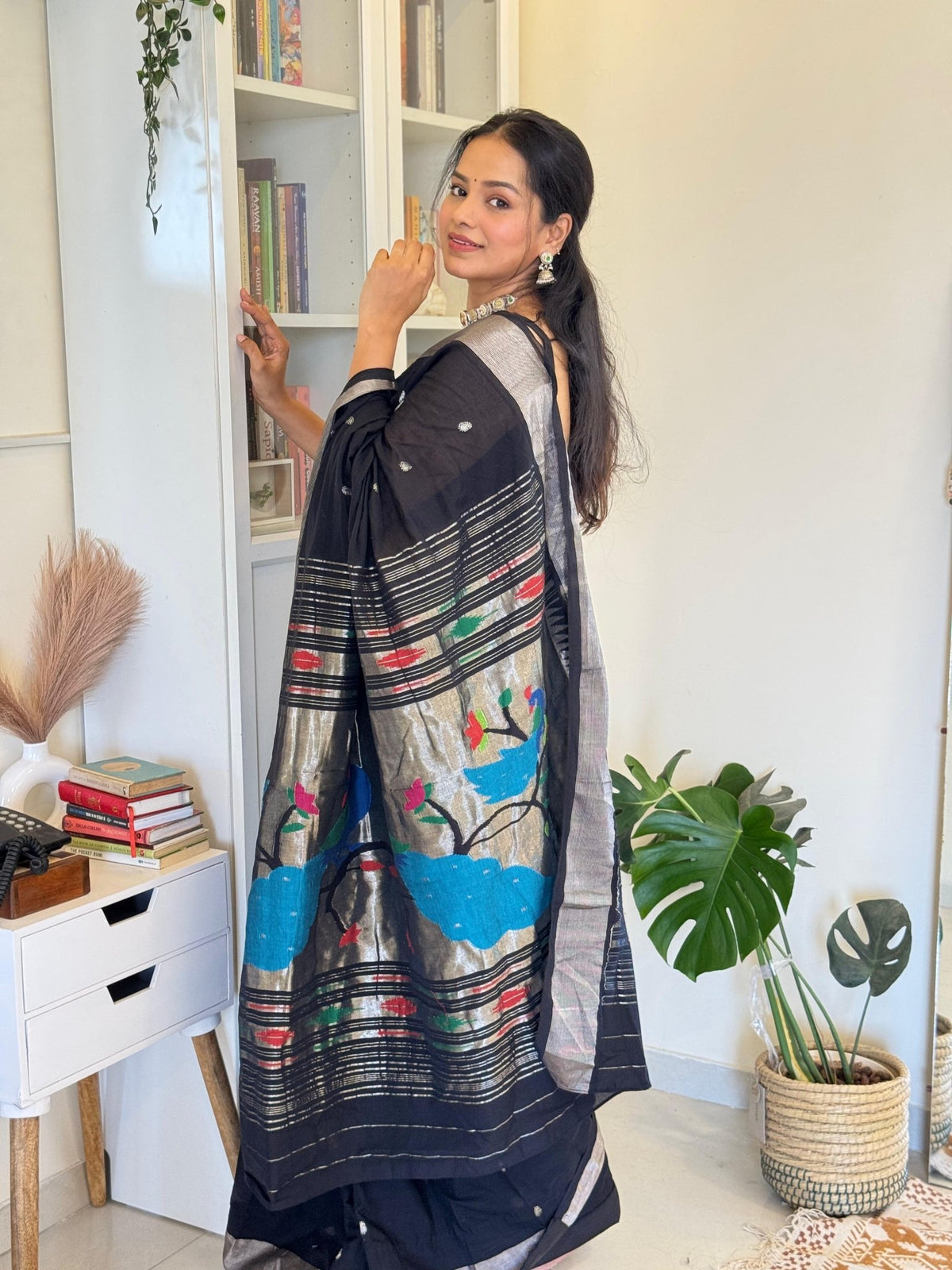EXCLUSIVE! Silver Zari Handloom Pure Cotton Paithani with Peacock Pallu in Black - verymuchindian.com