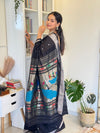 EXCLUSIVE! Silver Zari Handloom Pure Cotton Paithani with Peacock Pallu in Black - verymuchindian.com