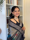 EXCLUSIVE! Silver Zari Handloom Pure Cotton Paithani with Peacock Pallu in Black - verymuchindian.com