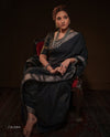 EXCLUSIVE! Silver Zari Handloom Pure Cotton Paithani with Peacock Pallu in Black - verymuchindian.com