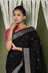 EXCLUSIVE! Silver Zari Handloom Pure Cotton Paithani with Peacock Pallu in Black - verymuchindian.com