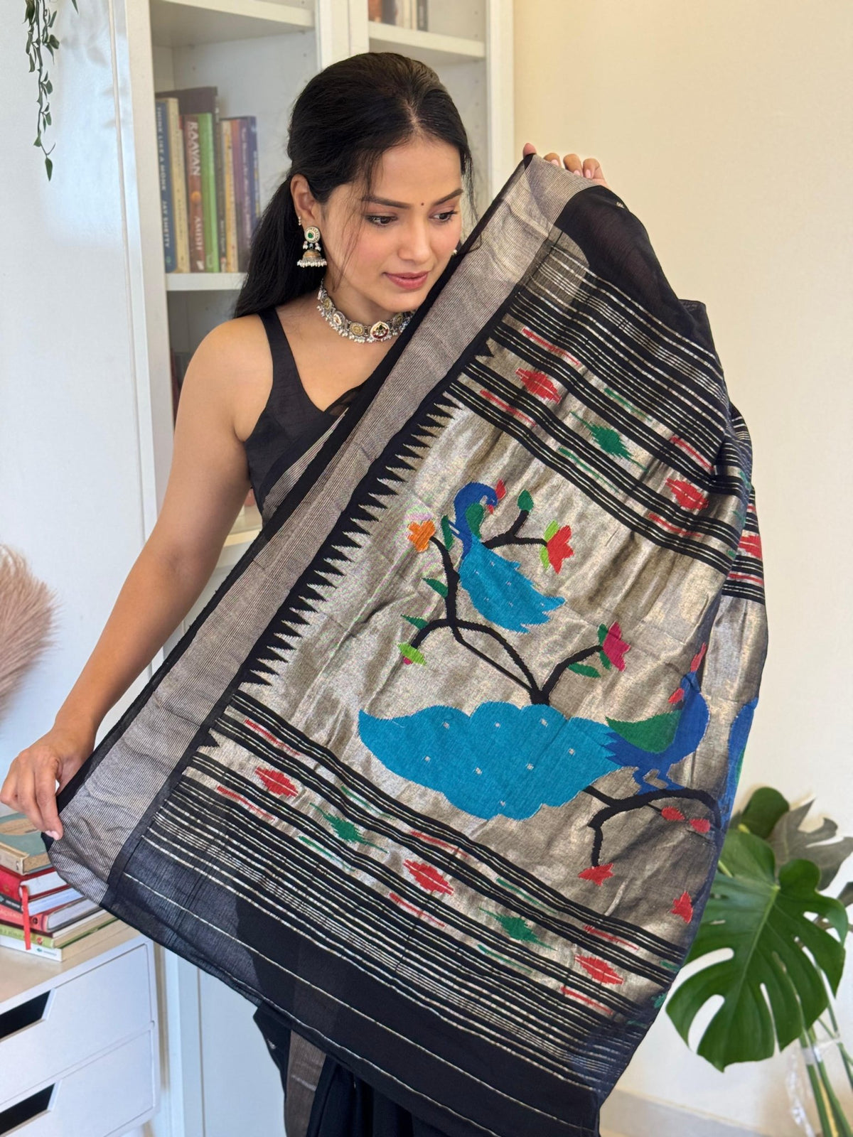 EXCLUSIVE! Silver Zari Handloom Pure Cotton Paithani with Peacock Pallu in Black - verymuchindian.com