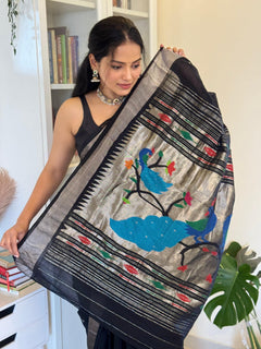 EXCLUSIVE! Silver Zari Handloom Pure Cotton Paithani with Peacock Pallu in Black - verymuchindian.com