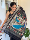 EXCLUSIVE! Silver Zari Handloom Pure Cotton Paithani with Peacock Pallu in Black - verymuchindian.com