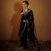 EXCLUSIVE! Silver Zari Handloom Pure Cotton Paithani with Peacock Pallu in Black - verymuchindian.com
