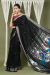 EXCLUSIVE! Silver Zari Handloom Pure Cotton Paithani with Peacock Pallu in Black - verymuchindian.com