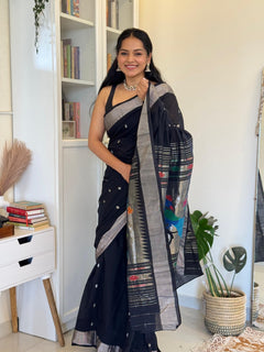 EXCLUSIVE! Silver Zari Handloom Pure Cotton Paithani with Peacock Pallu in Black - verymuchindian.com