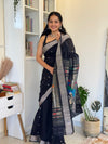 EXCLUSIVE! Silver Zari Handloom Pure Cotton Paithani with Peacock Pallu in Black - verymuchindian.com