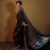 EXCLUSIVE! Silver Zari Handloom Pure Cotton Paithani with Peacock Pallu in Black - verymuchindian.com