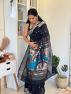EXCLUSIVE! Silver Zari Handloom Pure Cotton Paithani with Peacock Pallu in Black - verymuchindian.com
