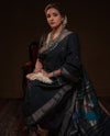 EXCLUSIVE! Silver Zari Handloom Pure Cotton Paithani with Peacock Pallu in Black - verymuchindian.com