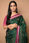 Exclusive Traditional Khun Saree - Cotton Resham Authentic Handwoven Saree, Bottle Green Weave with Kashida work - Pink Border - verymuchindian.com