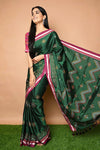 Exclusive Traditional Khun Saree - Cotton Resham Authentic Handwoven Saree, Bottle Green Weave with Kashida work - Pink Border - verymuchindian.com