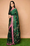 Exclusive Traditional Khun Saree - Cotton Resham Authentic Handwoven Saree, Bottle Green Weave with Kashida work - Pink Border - verymuchindian.com