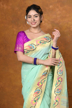 EXCLUSIVE! VMI Designed Handloom Pure Cotton Paithani With Traditional Handloom Border ~ Sea Green (2.5 months of weaving) - verymuchindian.com