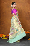 EXCLUSIVE! VMI Designed Handloom Pure Cotton Paithani With Traditional Handloom Border ~ Sea Green (2.5 months of weaving) - verymuchindian.com