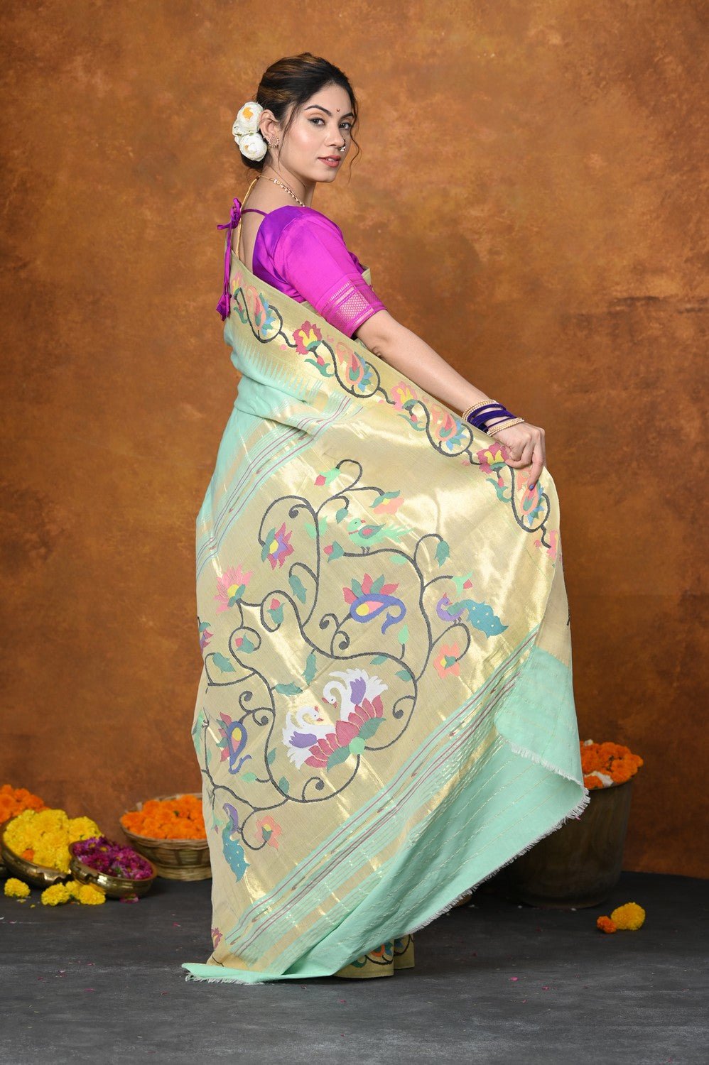 EXCLUSIVE! VMI Designed Handloom Pure Cotton Paithani With Traditional Handloom Border ~ Sea Green (2.5 months of weaving) - verymuchindian.com