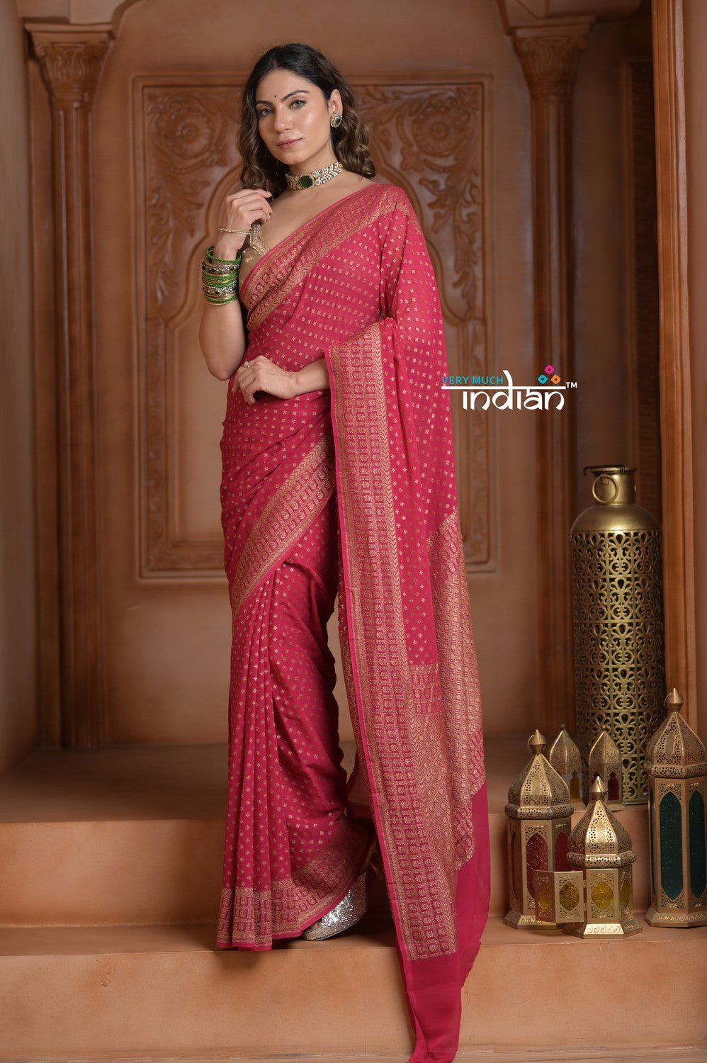 Festive Edit! Ganga Ghat ~ Handloom Khaddi Georgette Saree in Amaranth Pink (Silk Mark Certified) - verymuchindian.com