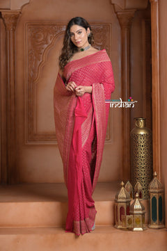 Festive Edit! Ganga Ghat ~ Handloom Khaddi Georgette Saree in Amaranth Pink (Silk Mark Certified) - verymuchindian.com