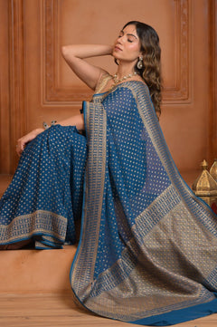 Festive Edit! Ganga Ghat ~ Handloom Khaddi Georgette Saree in Azure Blue (Silk Mark Certified) - verymuchindian.com