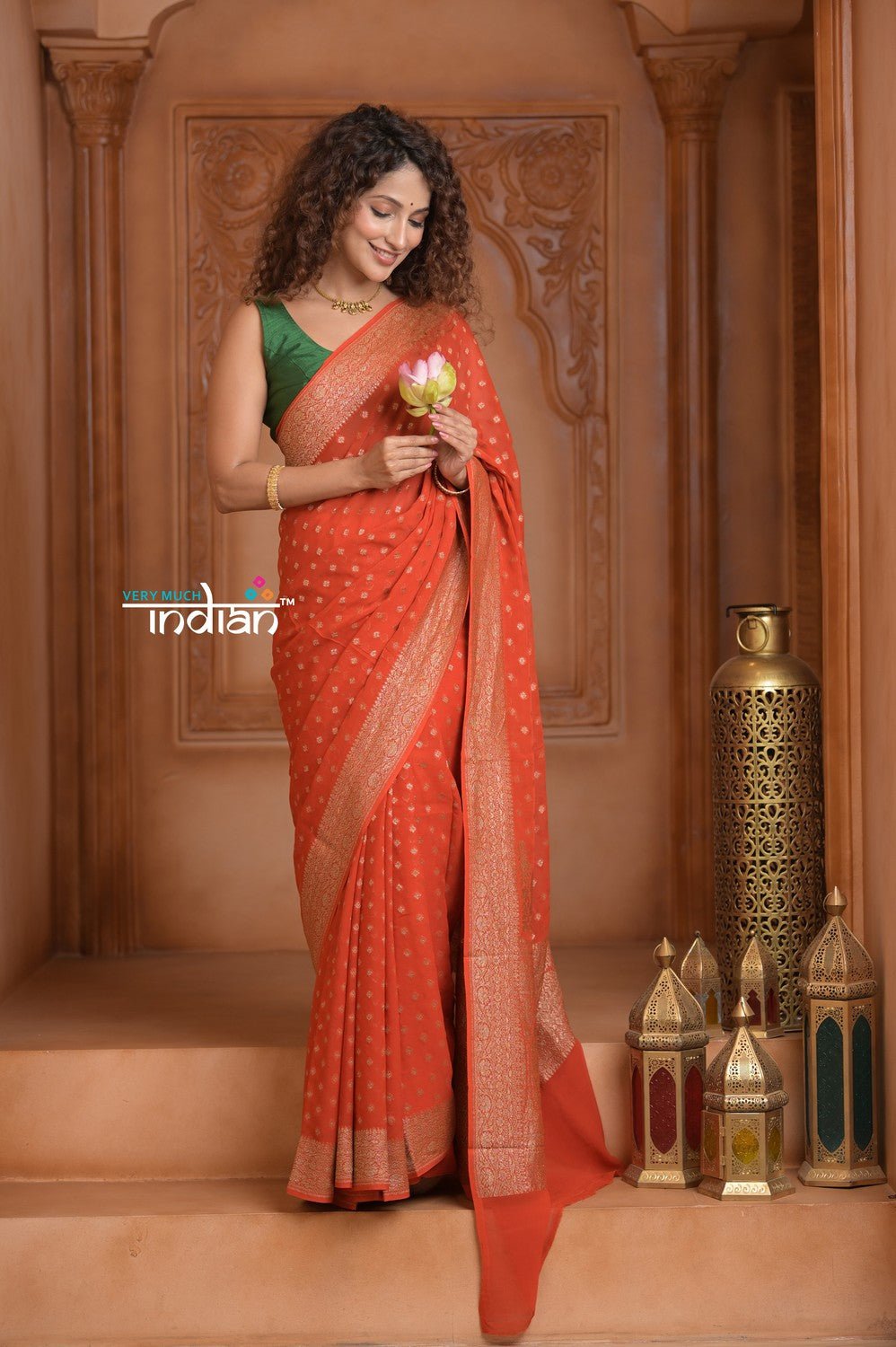 Festive Edit! Ganga Ghat ~ Handloom Khaddi Georgette Saree in Crimson Red (Silk Mark Certified) - verymuchindian.com