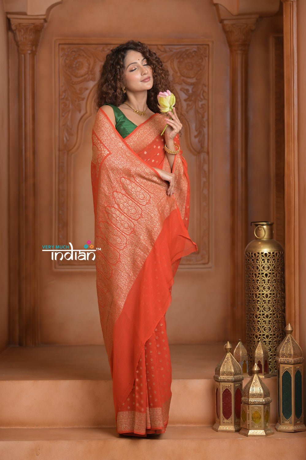 Festive Edit! Ganga Ghat ~ Handloom Khaddi Georgette Saree in Crimson Red (Silk Mark Certified) - verymuchindian.com