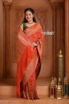 Festive Edit! Ganga Ghat ~ Handloom Khaddi Georgette Saree with Jal in Crimson Red (Silk Mark Certified) - verymuchindian.com