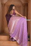 Festive Edit! Ganga Ghat ~ Handloom Kora Silk Jaal Saree with Contrast Pallu in Purple and Lilac (Silk Mark Certified) - verymuchindian.com