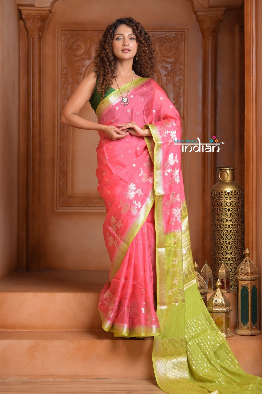 Festive Edit! Ganga Ghat ~ Handloom Kota Silk Jaal Saree with Contrast Pallu in Blush Pink with Green - verymuchindian.com