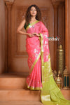 Festive Edit! Ganga Ghat ~ Handloom Kota Silk Jaal Saree with Contrast Pallu in Blush Pink with Green - verymuchindian.com