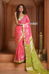 Festive Edit! Ganga Ghat ~ Handloom Kota Silk Jaal Saree with Contrast Pallu in Blush Pink with Green - verymuchindian.com