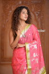 Festive Edit! Ganga Ghat ~ Handloom Kota Silk Jaal Saree with Contrast Pallu in Blush Pink with Green - verymuchindian.com