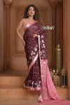 Festive Edit! Ganga Ghat ~ Handloom Kota Silk Jaal Saree with Contrast Pallu in Dark Maroon and Pink (Silk Mark Certified) - verymuchindian.com