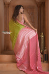 Festive Edit! Ganga Ghat ~ Handloom Kota Silk Jaal Saree with Contrast Pallu in Leaf Green and Pink (Silk Mark Certified) - verymuchindian.com