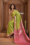 Festive Edit! Ganga Ghat ~ Handloom Kota Silk Jaal Saree with Contrast Pallu in Leaf Green and Pink (Silk Mark Certified) - verymuchindian.com