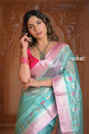 Festive Edit! Ganga Ghat ~ Handloom Kota Silk Jaal Saree with Contrast Pallu in Sky Blue in Pink - verymuchindian.com