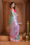 Festive Edit! Ganga Ghat ~ Handloom Kota Silk Jaal Saree with Contrast Pallu in Sky Blue in Pink - verymuchindian.com