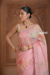 Festive Edit! Ganga Ghat ~ Handloom Linen Silk Saree with Intricate Floral Work in Blush Pink - verymuchindian.com
