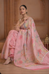 Festive Edit! Ganga Ghat ~ Handloom Linen Silk Saree with Intricate Floral Work in Blush Pink - verymuchindian.com