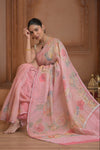 Festive Edit! Ganga Ghat ~ Handloom Linen Silk Saree with Intricate Floral Work in Blush Pink - verymuchindian.com