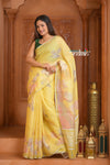 Festive Edit! Ganga Ghat ~ Handloom Linen Silk Saree with Intricate Floral Work in Butter Yellow - verymuchindian.com