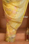 Festive Edit! Ganga Ghat ~ Handloom Linen Silk Saree with Intricate Floral Work in Butter Yellow - verymuchindian.com