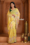 Festive Edit! Ganga Ghat ~ Handloom Linen Silk Saree with Intricate Floral Work in Butter Yellow - verymuchindian.com