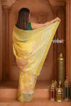 Festive Edit! Ganga Ghat ~ Handloom Linen Silk Saree with Intricate Floral Work in Butter Yellow - verymuchindian.com
