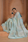 Festive Edit! Ganga Ghat ~ Handloom Linen Silk Saree with Intricate Floral Work in Salient Blue - verymuchindian.com