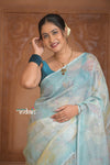 Festive Edit! Ganga Ghat ~ Handloom Linen Silk Saree with Intricate Floral Work in Salient Blue - verymuchindian.com