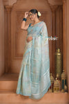 Festive Edit! Ganga Ghat ~ Handloom Linen Silk Saree with Intricate Floral Work in Salient Blue - verymuchindian.com