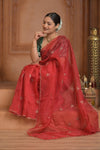 Festive Edit! Ganga Ghat ~ Handloom Organza Silk Saree with Embroidered Border in Red - verymuchindian.com