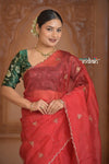 Festive Edit! Ganga Ghat ~ Handloom Organza Silk Saree with Embroidered Border in Red - verymuchindian.com