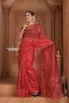Festive Edit! Ganga Ghat ~ Handloom Organza Silk Saree with Embroidered Border in Red - verymuchindian.com